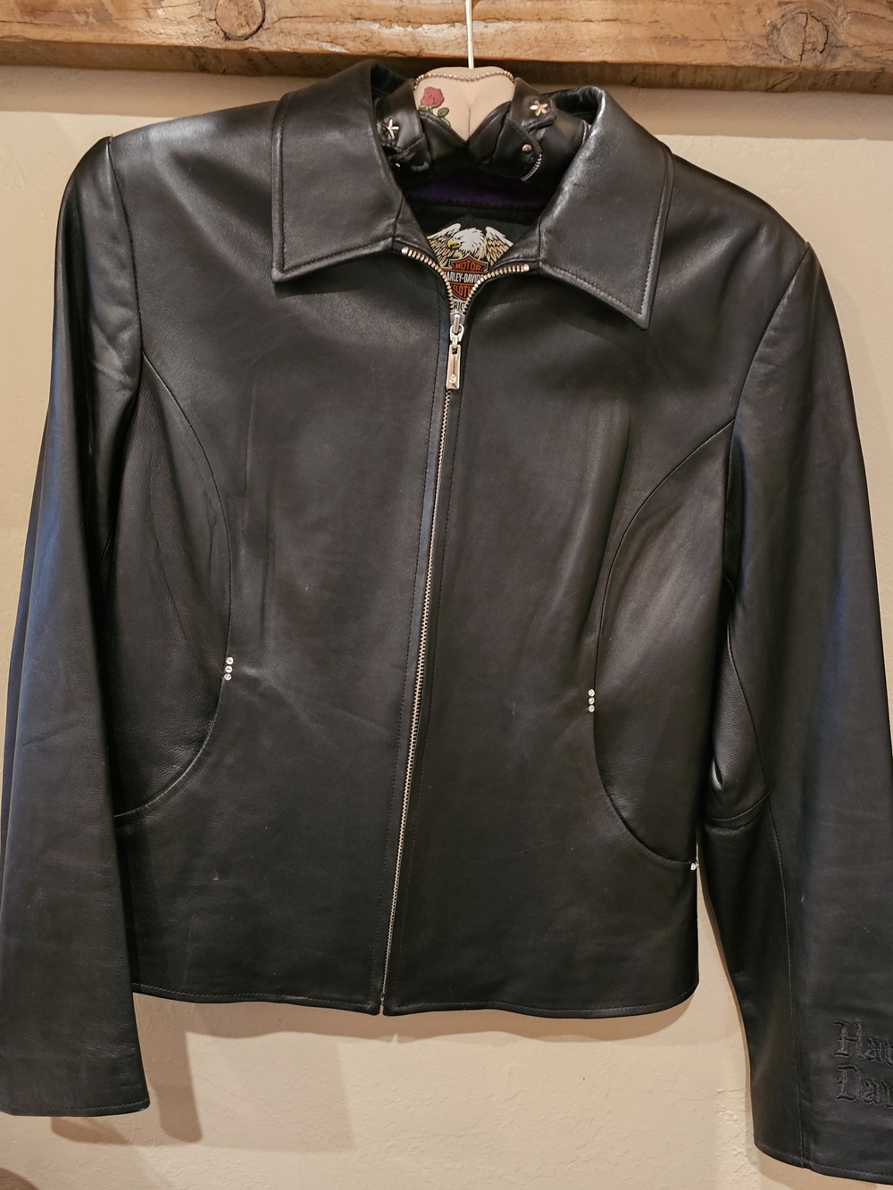 Harley-Davidson Black Leather 100% Silk Lining With Crystal Back Logo - Picture 3 of 11